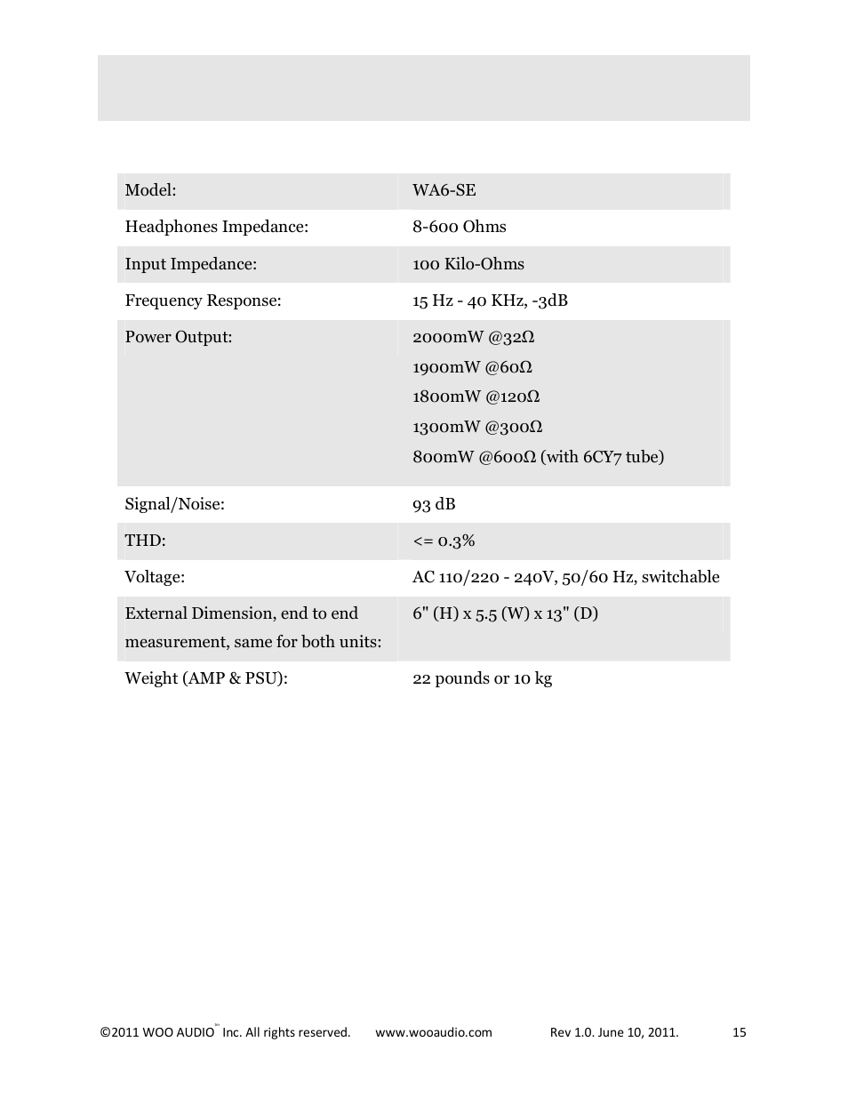 Product specification | Woo Audio WA6-SE (Special Edition) Headphone Amplifier User Manual | Page 15 / 15