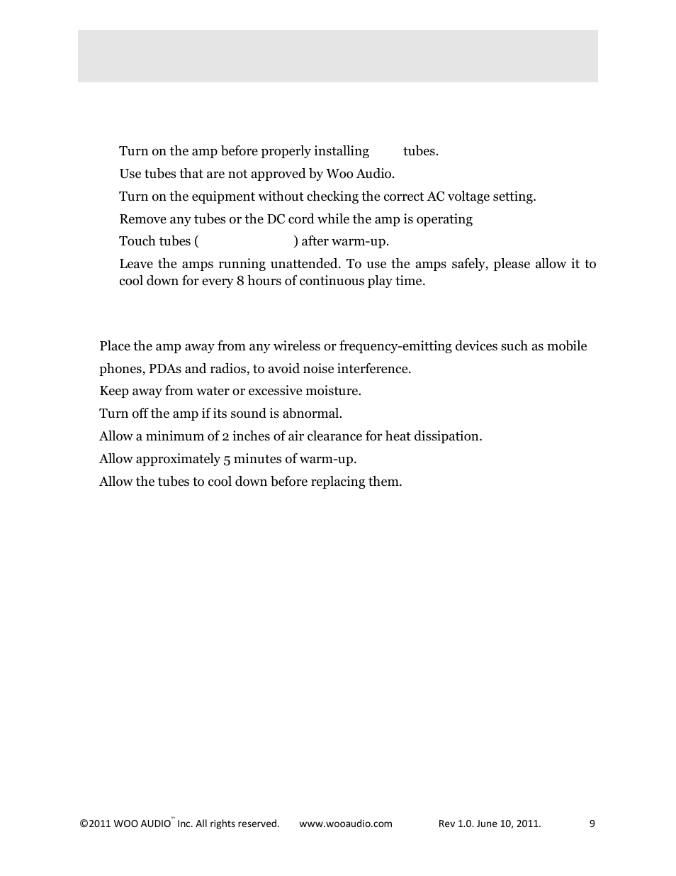 Operation, Do not | Woo Audio WA6-SE (Special Edition) Headphone Amplifier User Manual | Page 9 / 15
