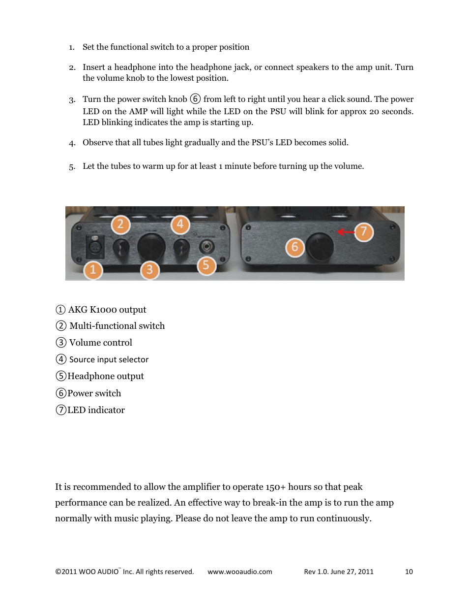 Break-in period, Turning on the amplifier | Woo Audio WA5 300B Single-ended Triode User Manual | Page 10 / 16