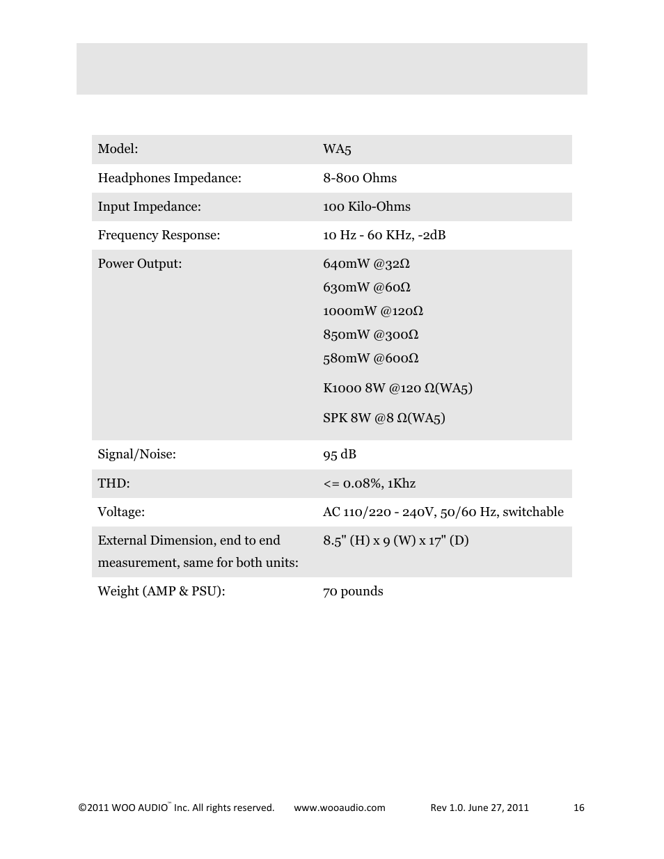 Product specification | Woo Audio WA5 300B Single-ended Triode User Manual | Page 16 / 16