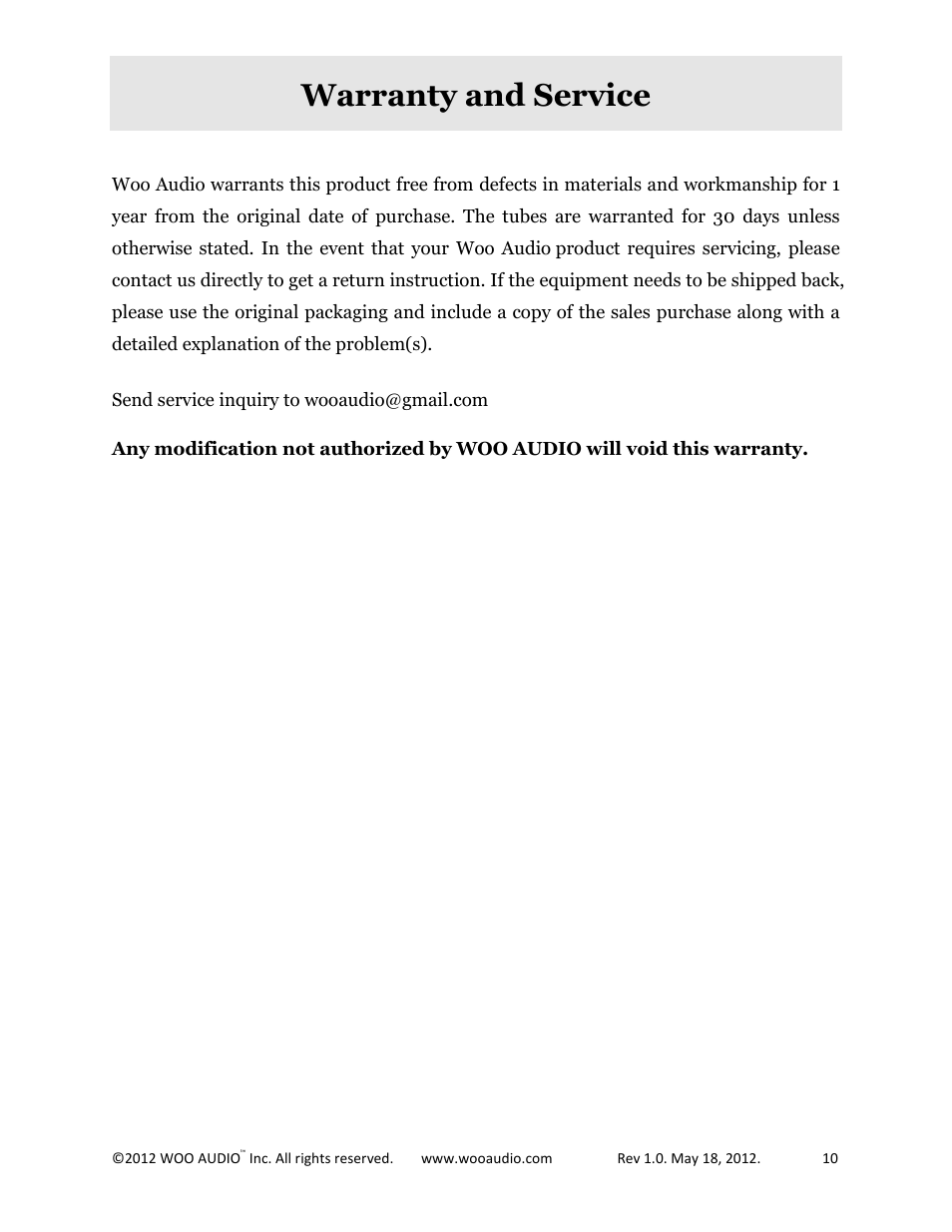Warranty and service | Woo Audio WEE User Manual | Page 10 / 12