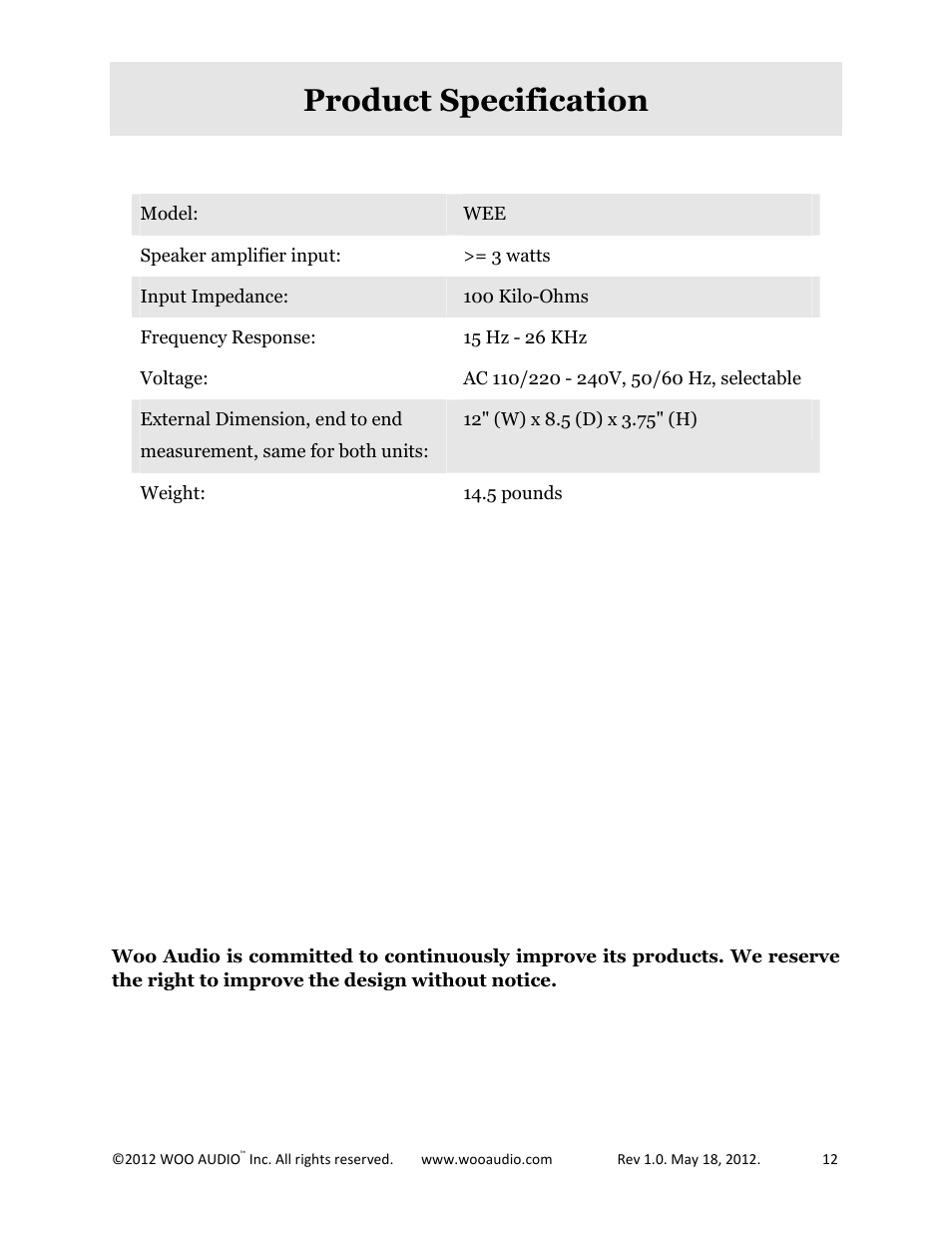 Product specification | Woo Audio WEE User Manual | Page 12 / 12