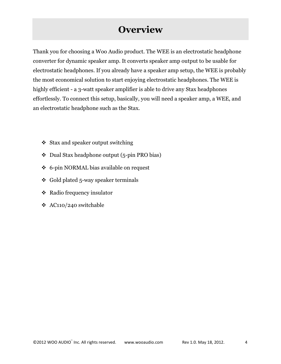 Overview | Woo Audio WEE User Manual | Page 4 / 12