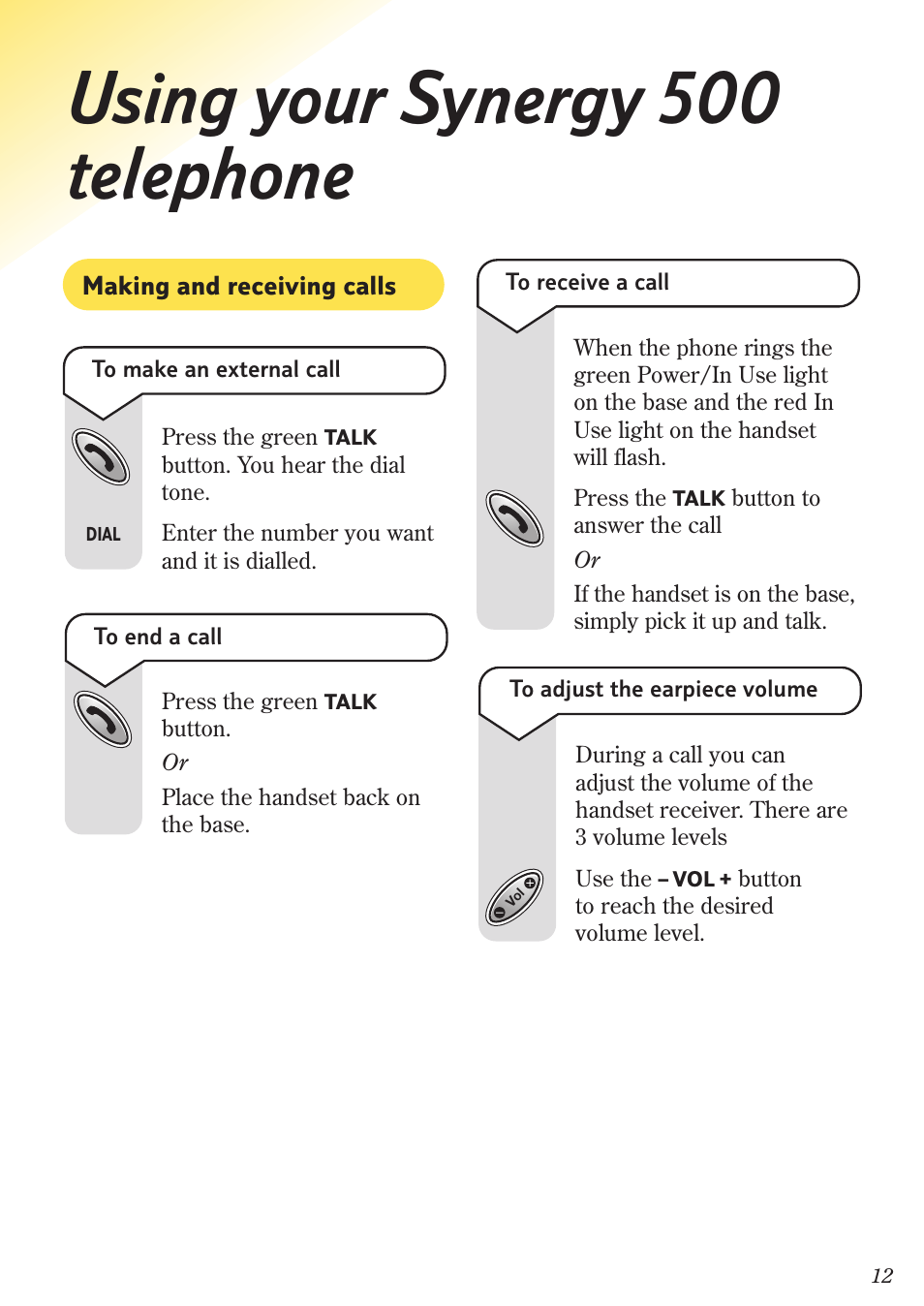 Using your synergy 500 telephone | BT 500 Twin User Manual | Page 15 / 36