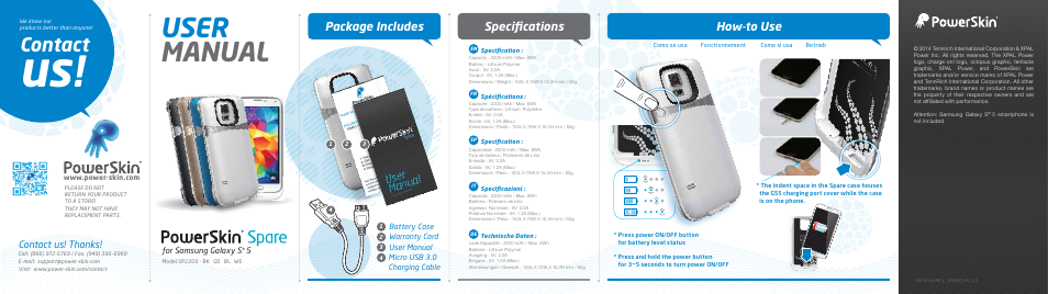 User manual, Contact, Package includes | How-to use, Specifications | XPAL Power PowerSkin Spare for Samsung Galaxy S5 User Manual | Page 2 / 2