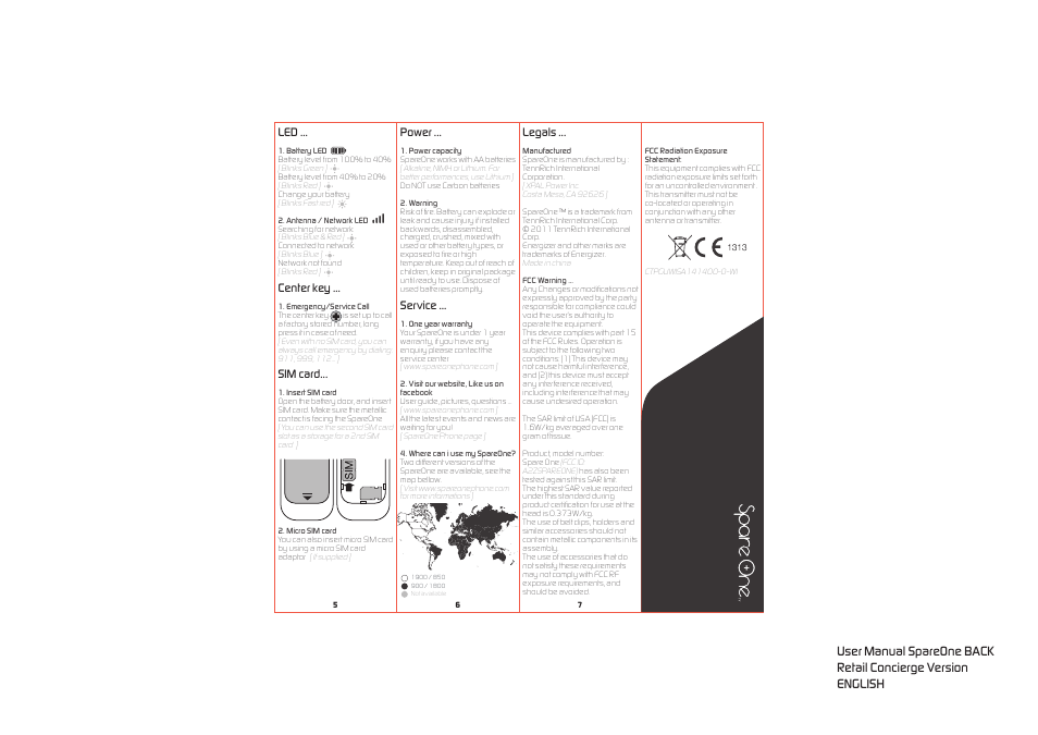 Center key, Sim card, Power | Service, Legals | XPAL Power SpareOne Emergency Phone User Manual | Page 2 / 2