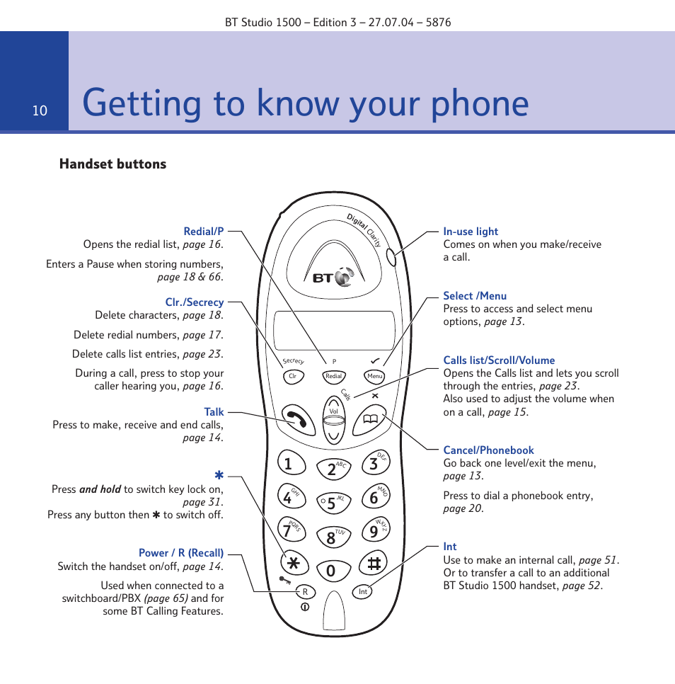 Getting to know your phone, Handset buttons | BT STUDIO 1500 User Manual | Page 10 / 68