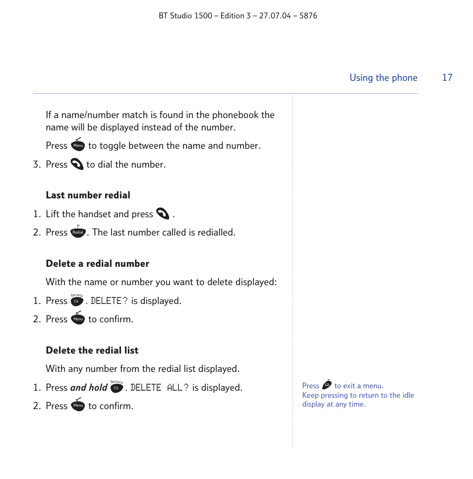 Delete, Delete all | BT STUDIO 1500 User Manual | Page 17 / 68