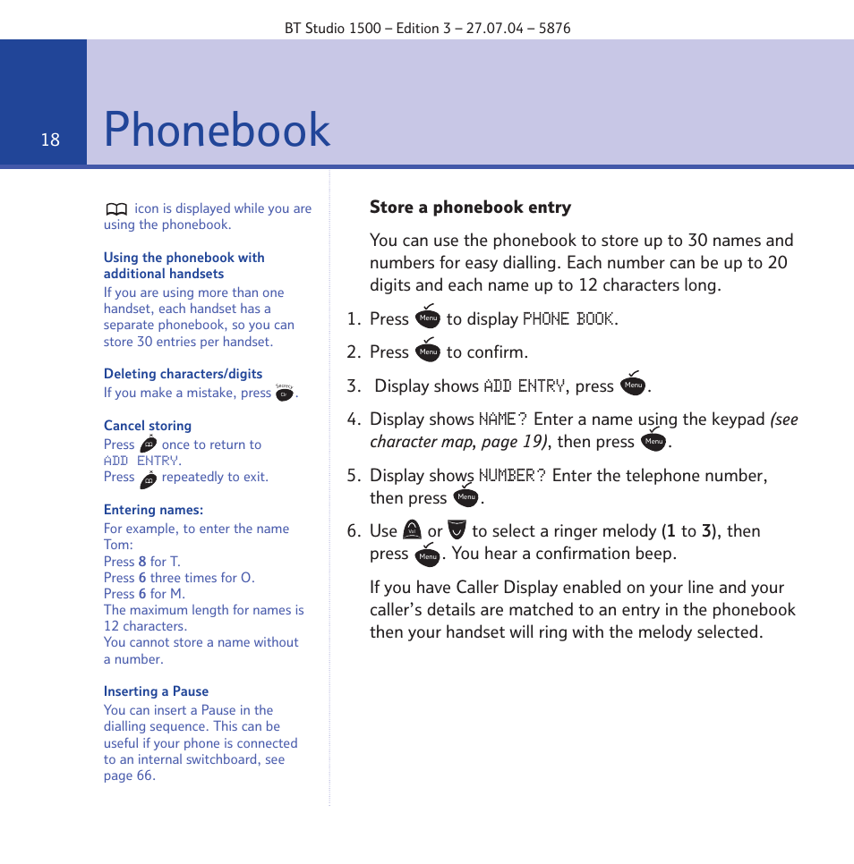 Phonebook, Phone book, Add entry | Name, Number | BT STUDIO 1500 User Manual | Page 18 / 68