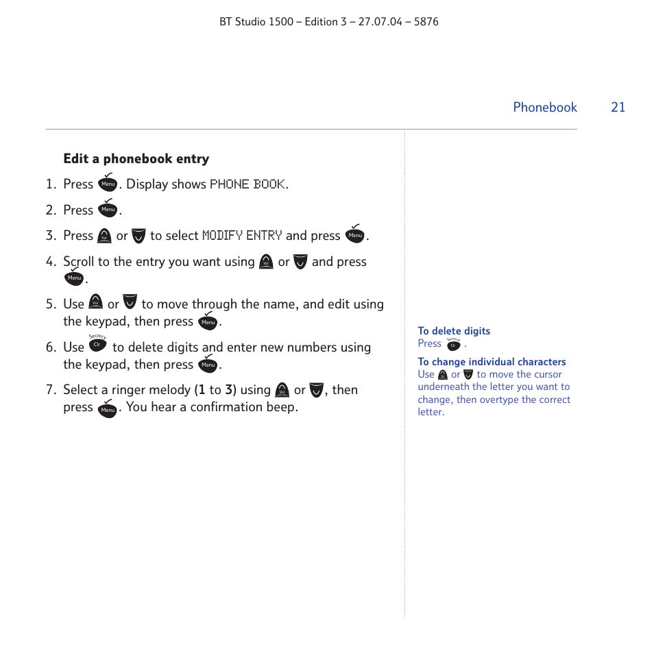 Modify entry, Phonebook | BT STUDIO 1500 User Manual | Page 21 / 68