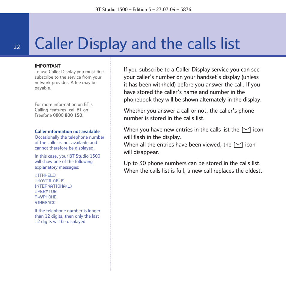 Caller display and the calls list | BT STUDIO 1500 User Manual | Page 22 / 68