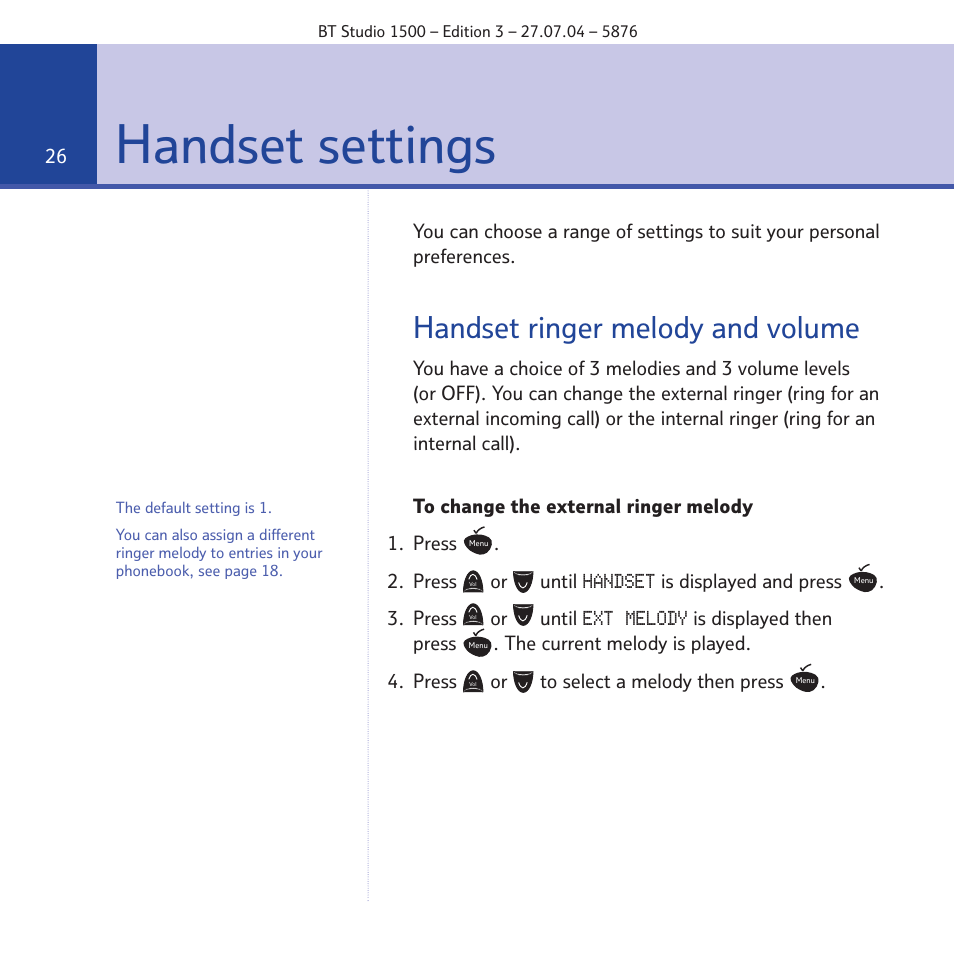 Handset settings, Handset ringer melody and volume | BT STUDIO 1500 User Manual | Page 26 / 68