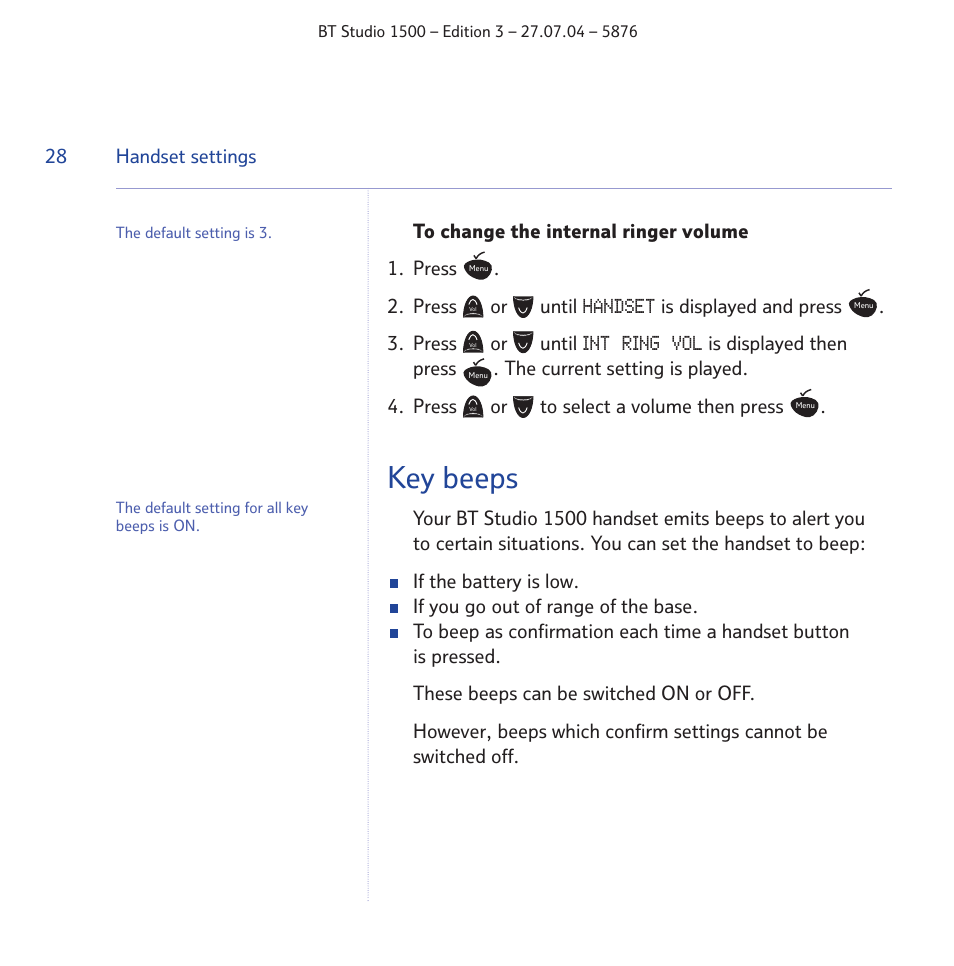 Key beeps | BT STUDIO 1500 User Manual | Page 28 / 68