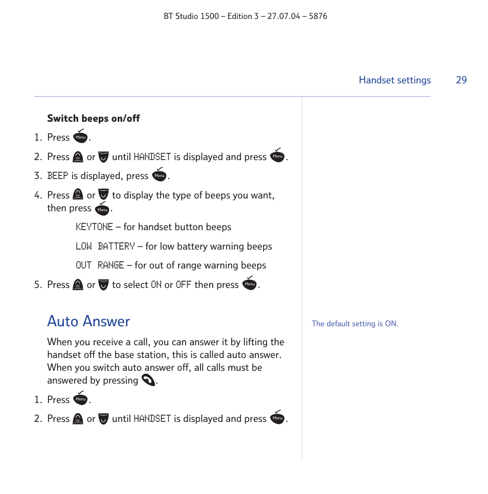 Auto answer | BT STUDIO 1500 User Manual | Page 29 / 68