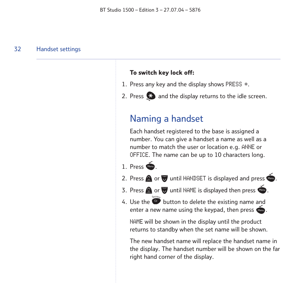 Naming a handset | BT STUDIO 1500 User Manual | Page 32 / 68