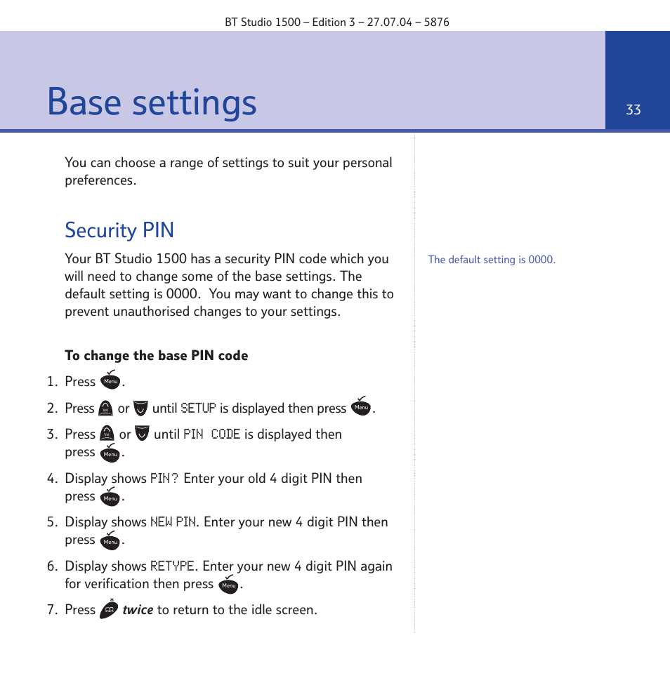 Base settings, Security pin | BT STUDIO 1500 User Manual | Page 33 / 68