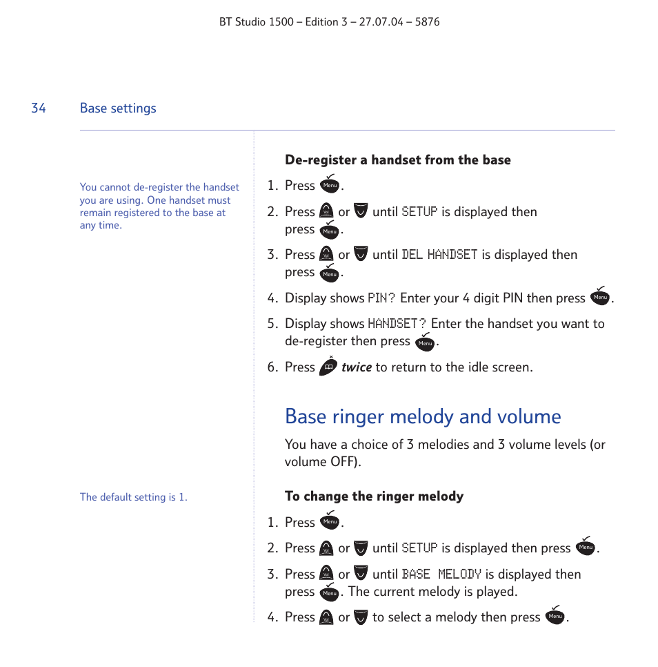 Base ringer melody and volume, Setup, Del handset | Handset, Base melody | BT STUDIO 1500 User Manual | Page 34 / 68