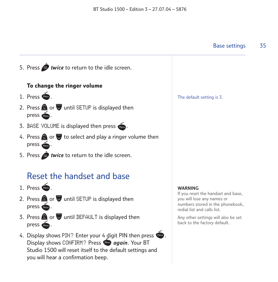 Reset the handset and base | BT STUDIO 1500 User Manual | Page 35 / 68