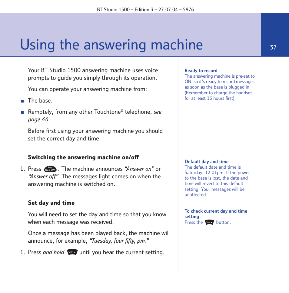 Using the answering machine | BT STUDIO 1500 User Manual | Page 37 / 68