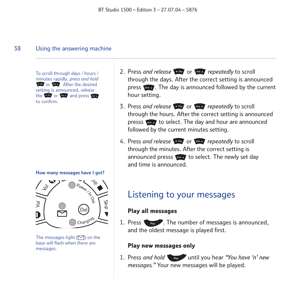 Listening to your messages, 38 using the answering machine | BT STUDIO 1500 User Manual | Page 38 / 68