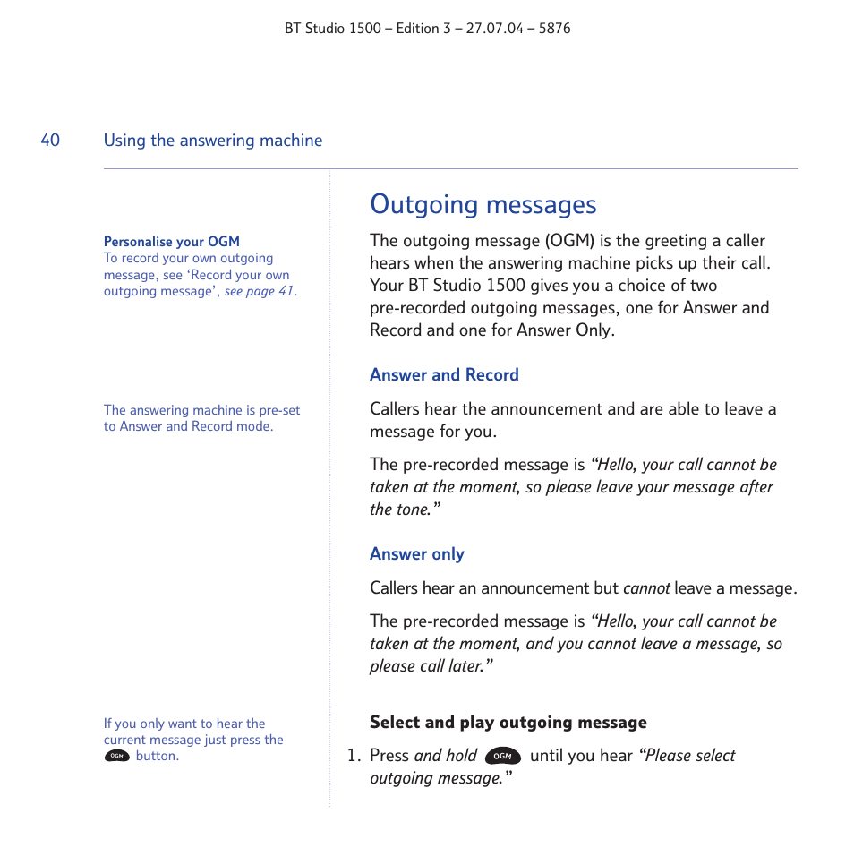 Outgoing messages | BT STUDIO 1500 User Manual | Page 40 / 68