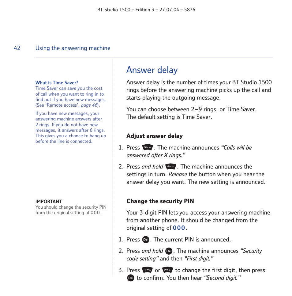 Answer delay | BT STUDIO 1500 User Manual | Page 42 / 68