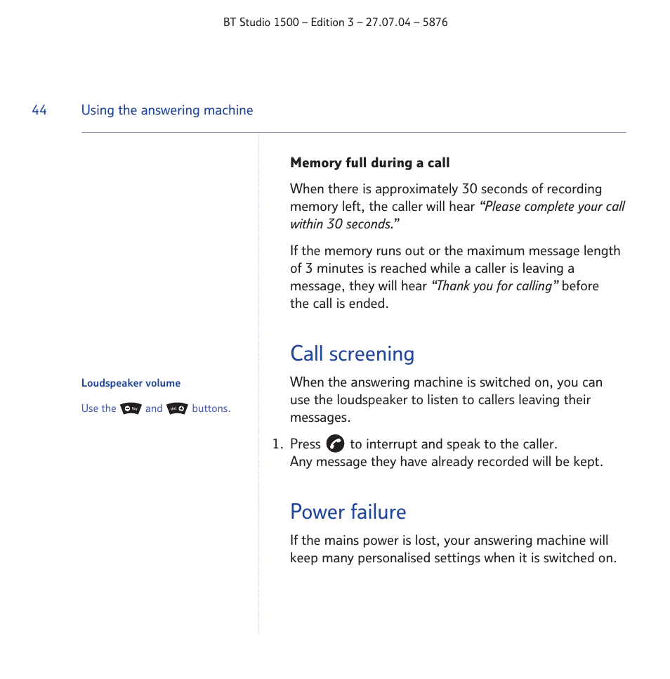 Call screening, Power failure | BT STUDIO 1500 User Manual | Page 44 / 68