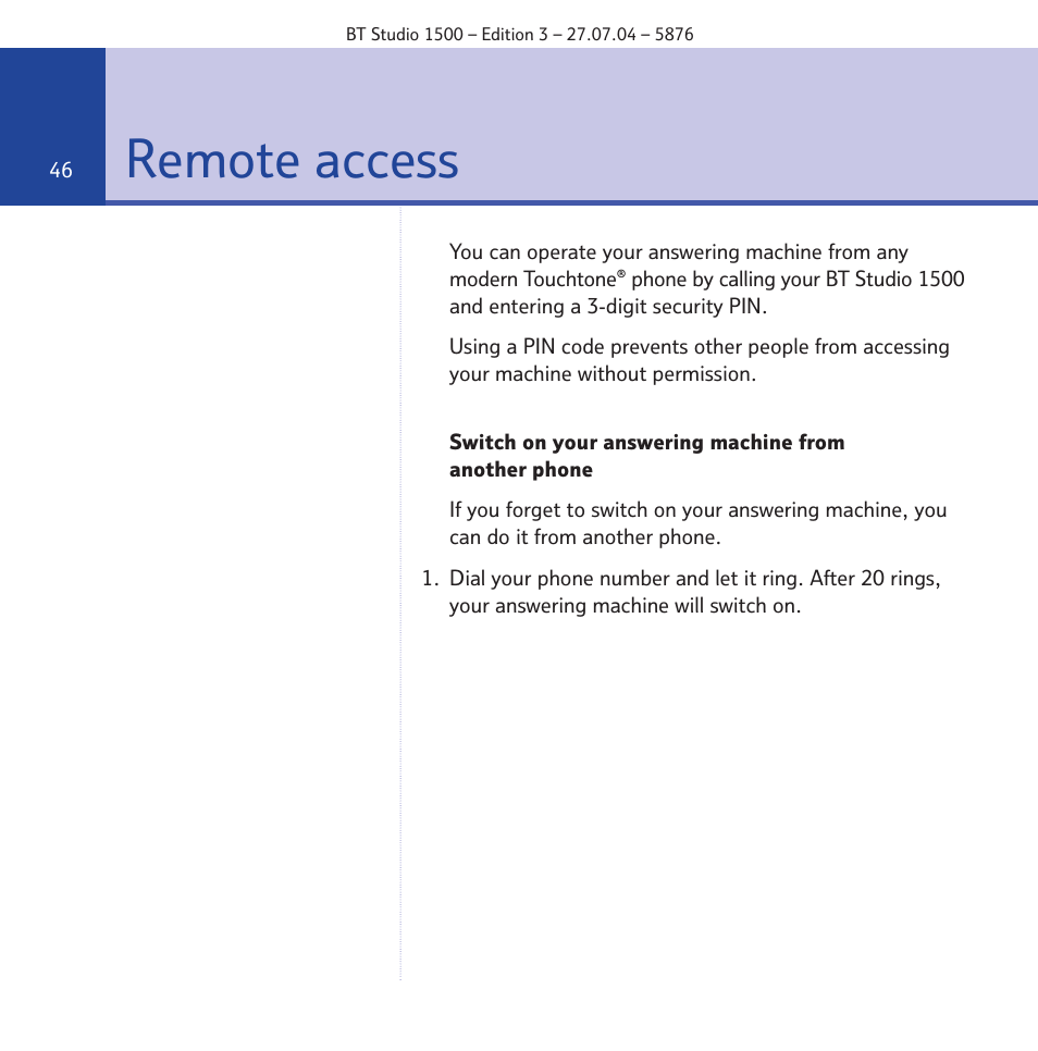 Remote access | BT STUDIO 1500 User Manual | Page 46 / 68