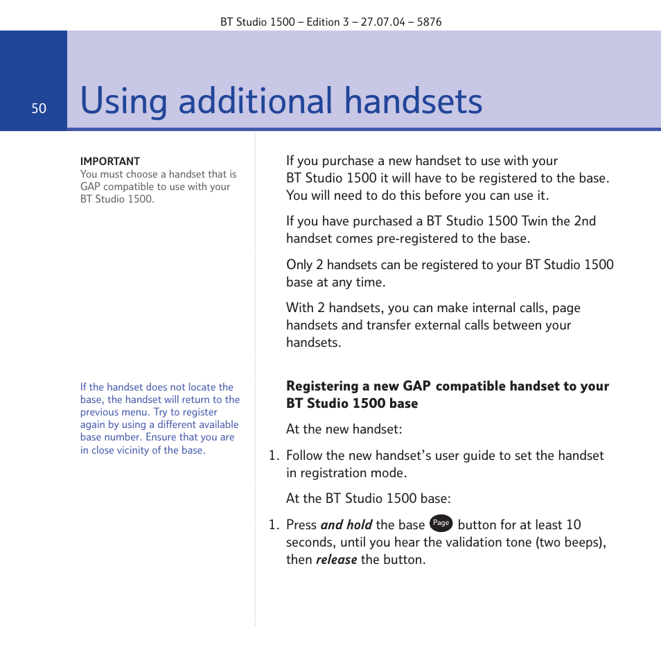 Using additional handsets | BT STUDIO 1500 User Manual | Page 50 / 68