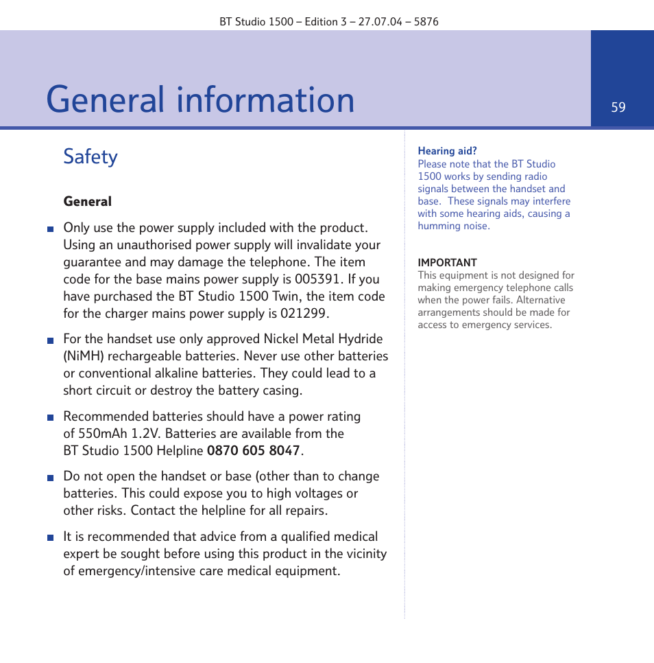 General information, Safety | BT STUDIO 1500 User Manual | Page 59 / 68