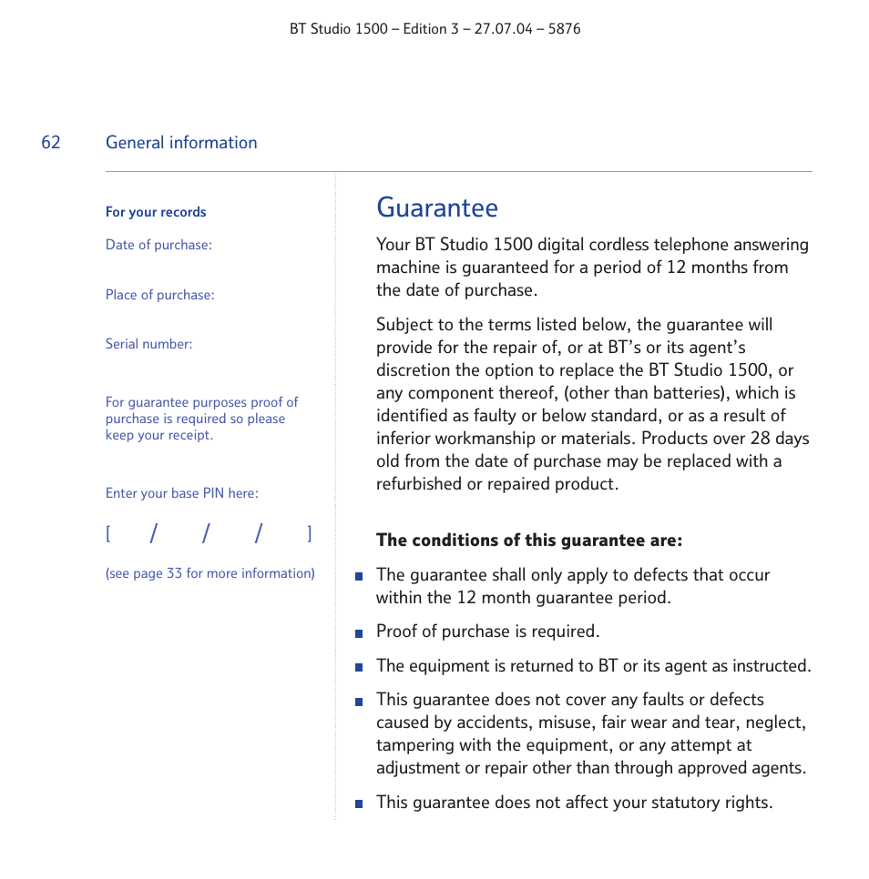 Guarantee | BT STUDIO 1500 User Manual | Page 62 / 68