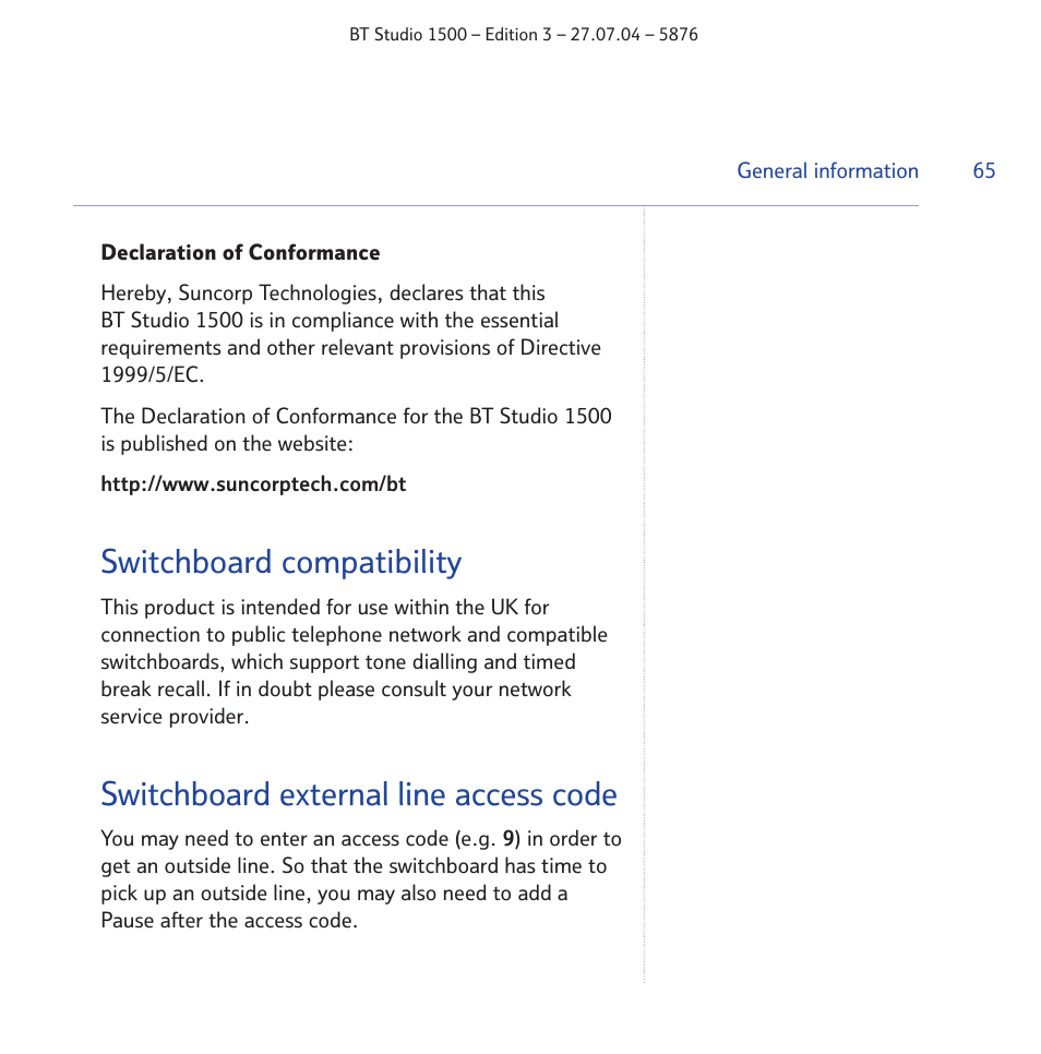 Switchboard compatibility, Switchboard external line access code | BT STUDIO 1500 User Manual | Page 65 / 68