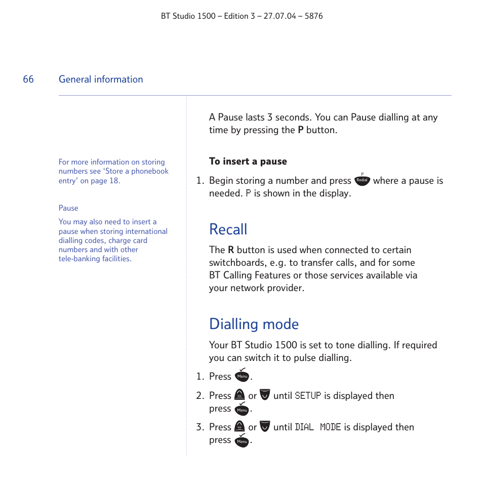Recall, Dialling mode | BT STUDIO 1500 User Manual | Page 66 / 68