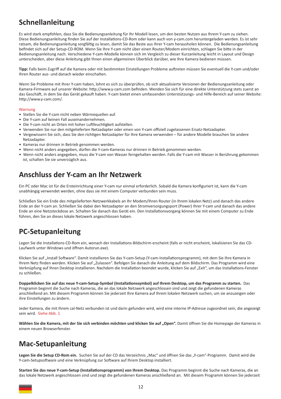 Schnellanleitung, Anschluss der y-cam an ihr netzwerk, Pc-setupanleitung | Mac-setupanleitung | Y-cam Multilanguage User Manual | Page 12 / 28