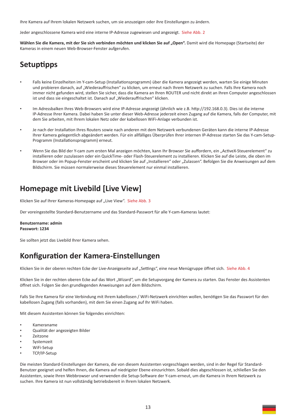 Setupti pps, Homepage mit livebild [live view, Konﬁ gurati on der kamera-einstellungen | Y-cam Multilanguage User Manual | Page 13 / 28