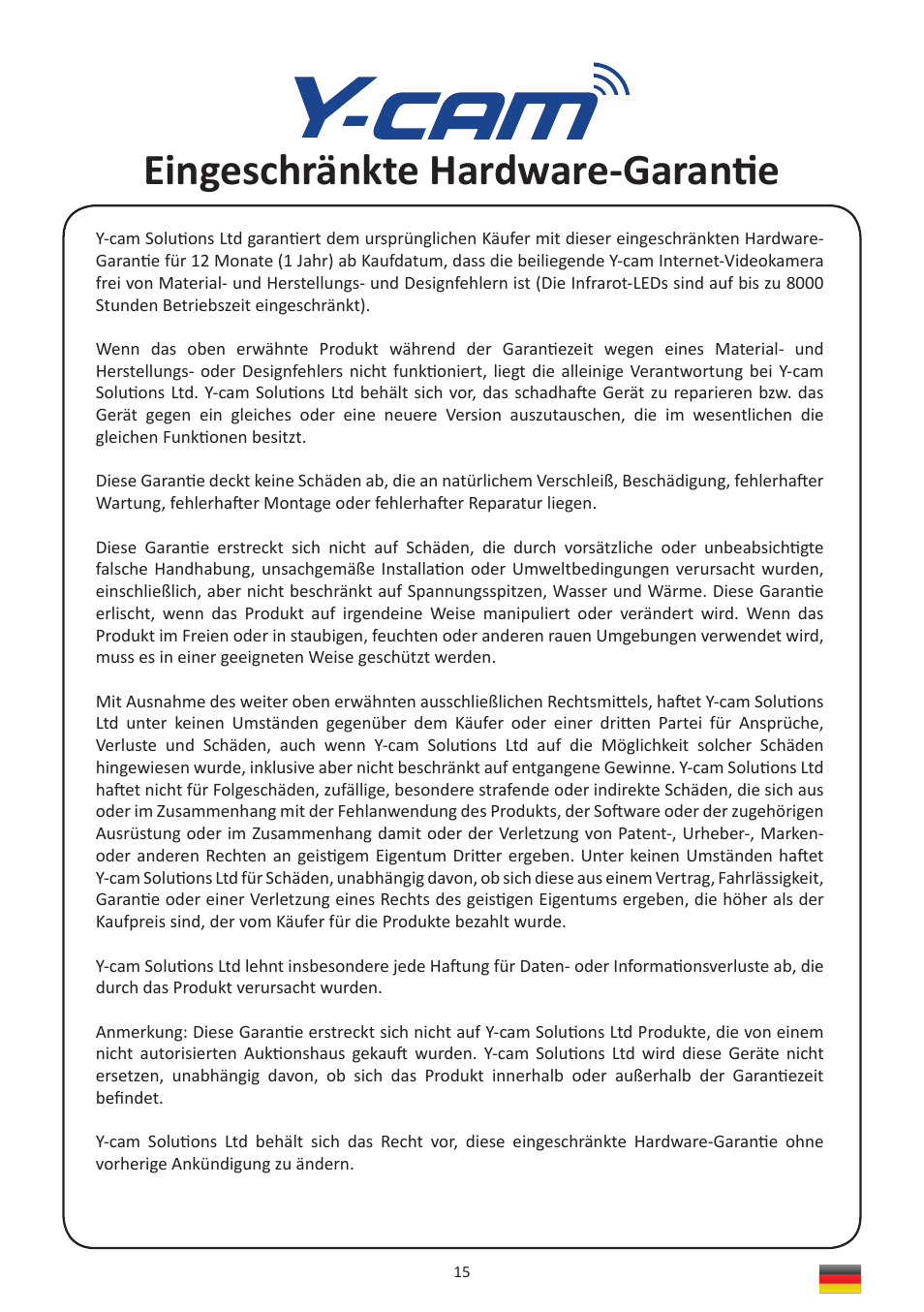 Eingeschränkte hardware-garanti e | Y-cam Multilanguage User Manual | Page 15 / 28