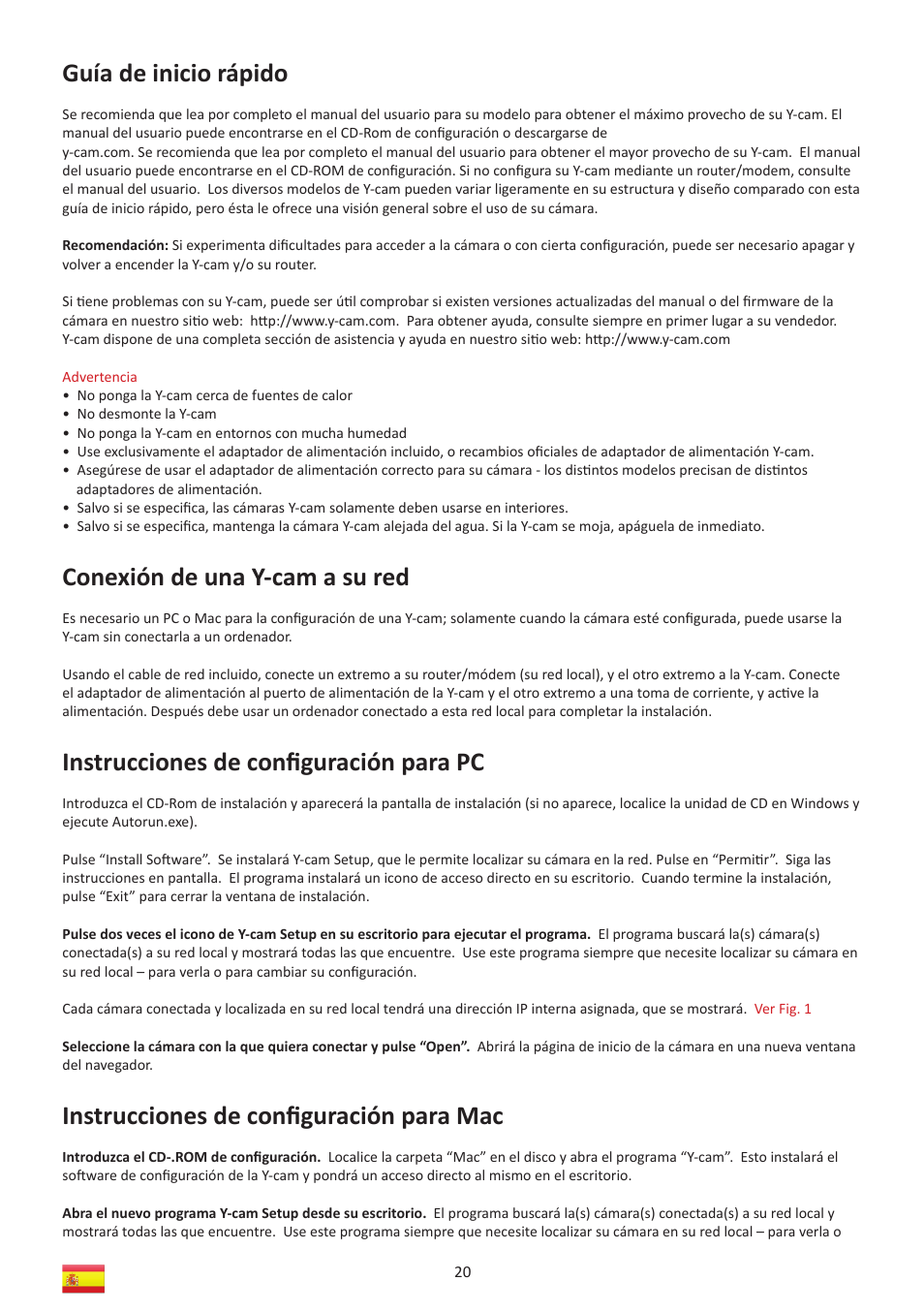 Guía de inicio rápido, Conexión de una y-cam a su red, Instrucciones de conﬁ guración para pc | Instrucciones de conﬁ guración para mac | Y-cam Multilanguage User Manual | Page 20 / 28