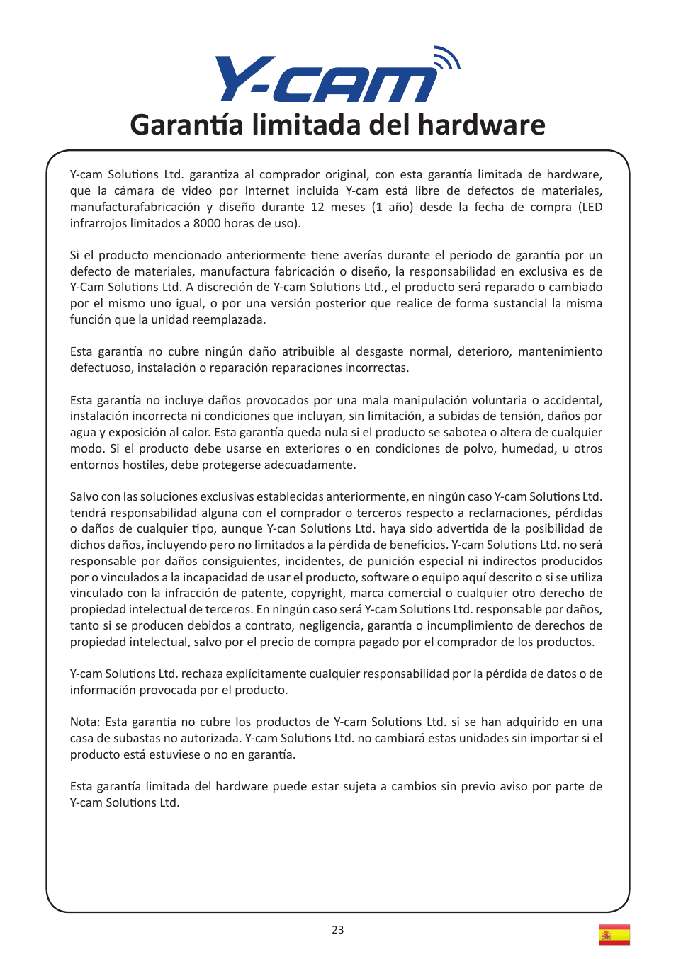 Garantí a limitada del hardware | Y-cam Multilanguage User Manual | Page 23 / 28