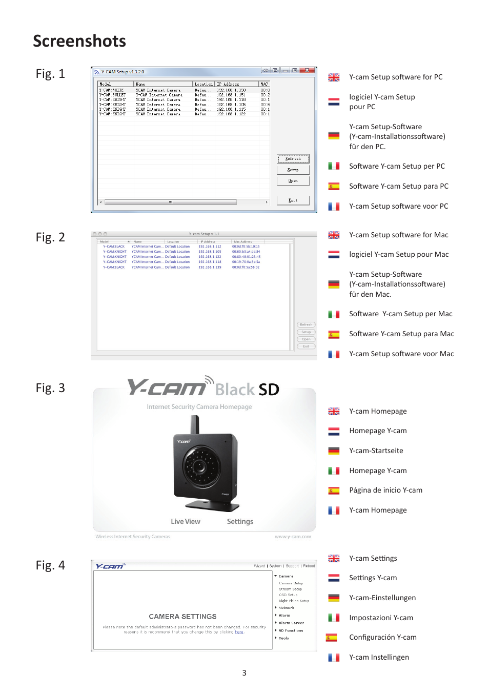 Screenshots, Fig. 1 fig. 2 fig. 3 fig. 4 | Y-cam Multilanguage User Manual | Page 3 / 28
