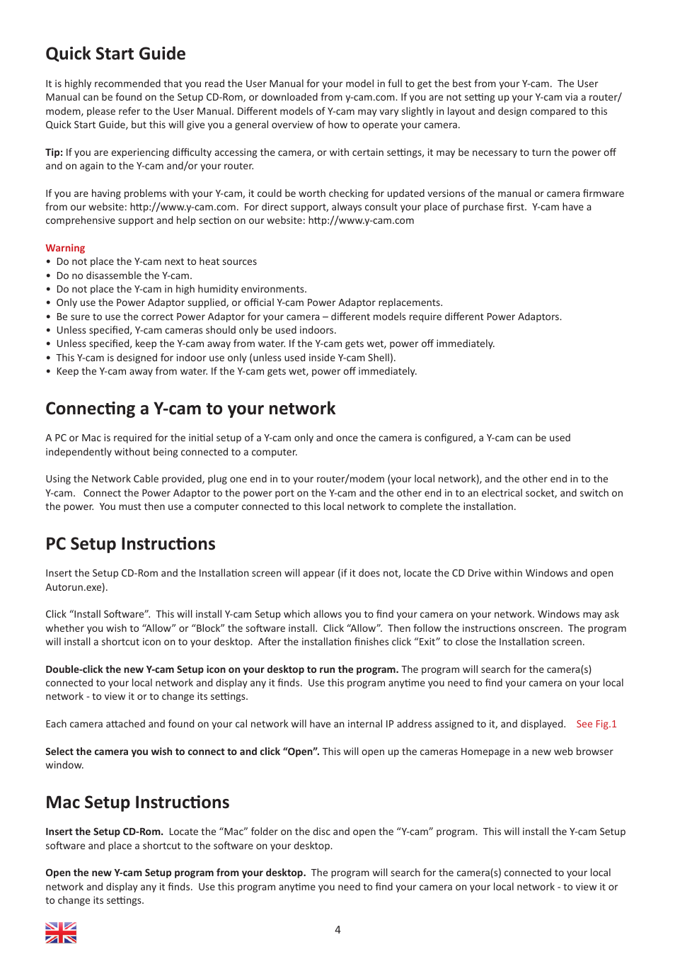 Quick start guide, Connecti ng a y-cam to your network, Pc setup instructi ons | Mac setup instructi ons | Y-cam Multilanguage User Manual | Page 4 / 28