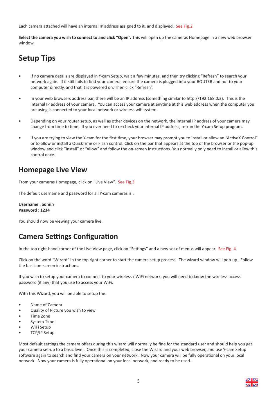 Setup tips, Homepage live view, Camera setti ngs conﬁ gurati on | Y-cam Multilanguage User Manual | Page 5 / 28