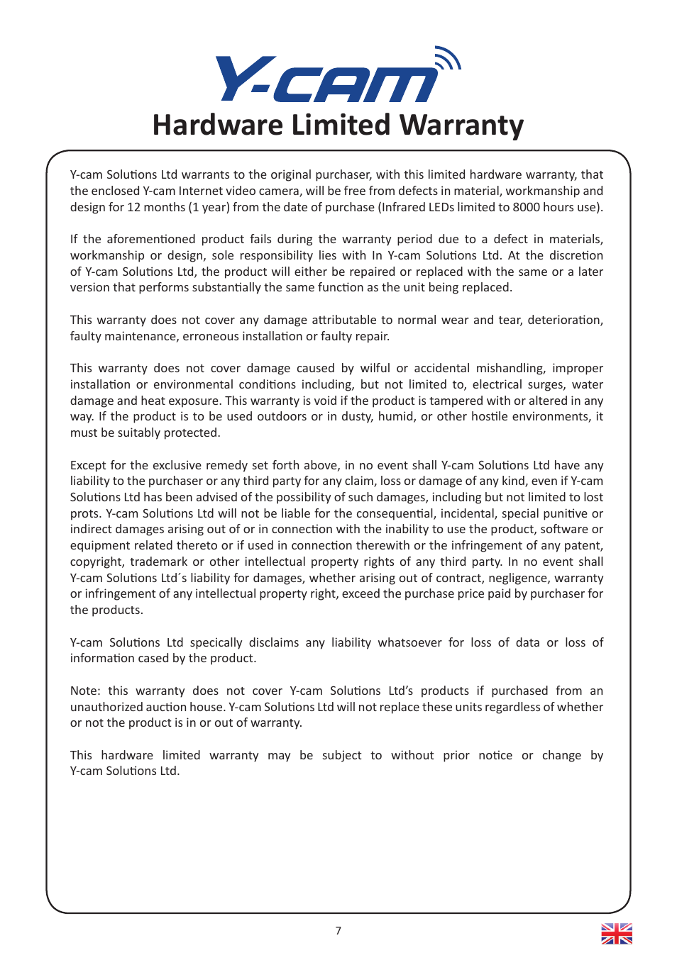 Hardware limited warranty | Y-cam Multilanguage User Manual | Page 7 / 28