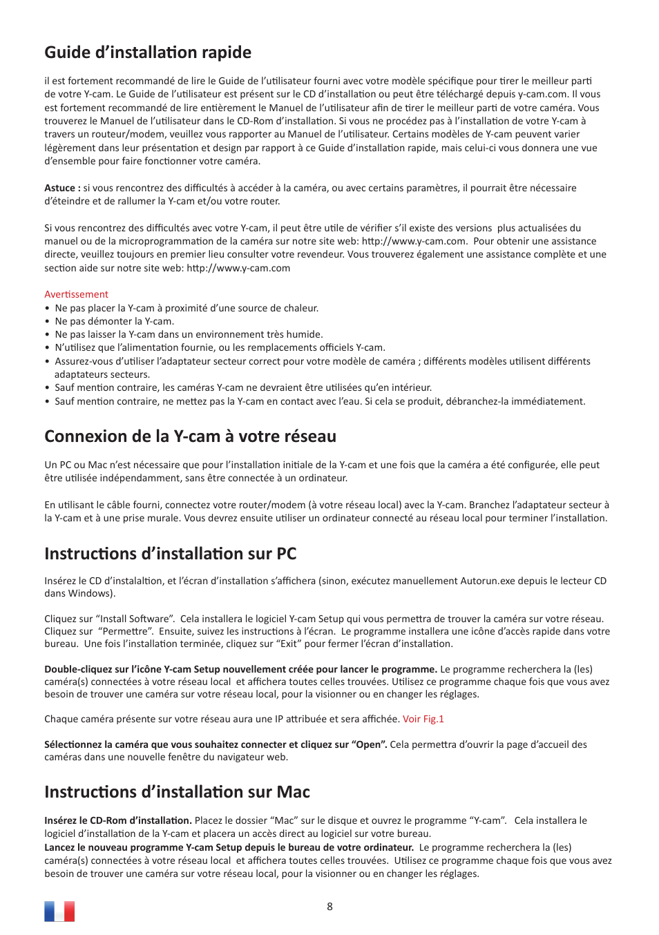Guide d’installati on rapide, Connexion de la y-cam à votre réseau, Instructi ons d’installati on sur pc | Instructi ons d’installati on sur mac | Y-cam Multilanguage User Manual | Page 8 / 28