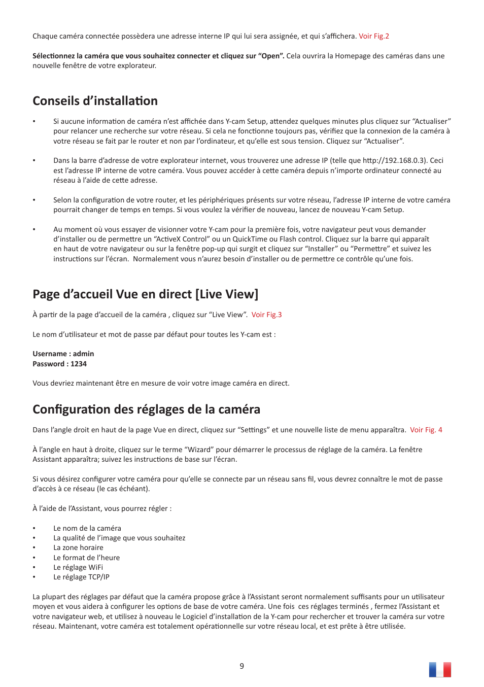 Conseils d’installati on, Page d’accueil vue en direct [live view, Conﬁ gurati on des réglages de la caméra | Y-cam Multilanguage User Manual | Page 9 / 28