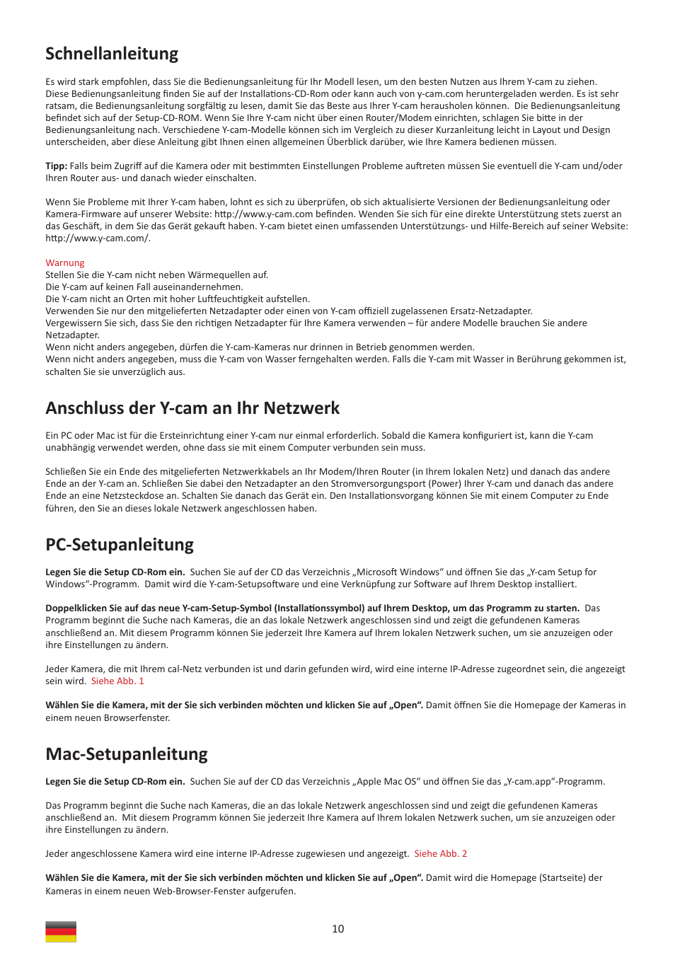 Schnellanleitung, Anschluss der y-cam an ihr netzwerk, Pc-setupanleitung | Mac-setupanleitung | Y-cam Bullet HD 1080 (1st Gen) User Manual | Page 10 / 24