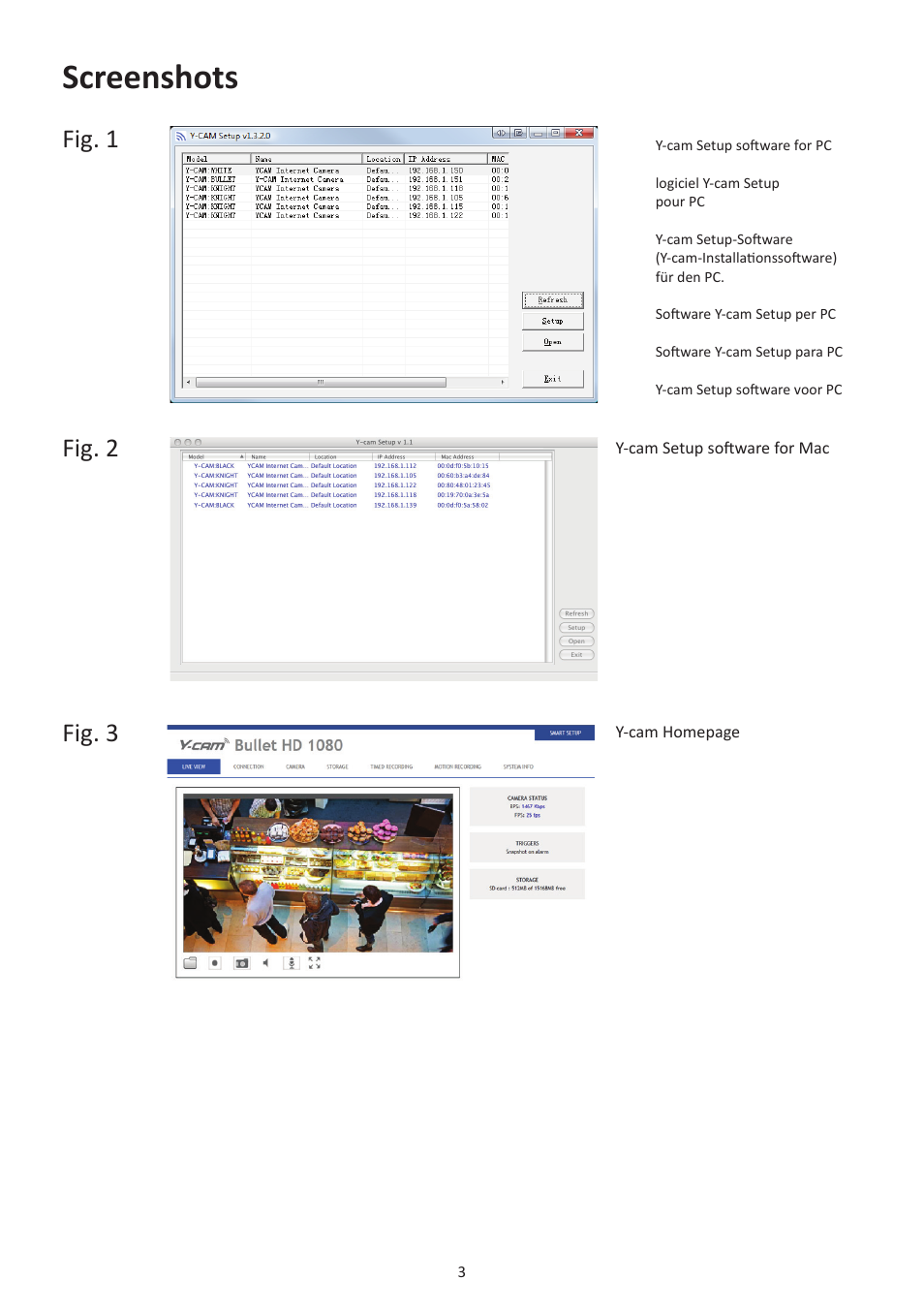 Screenshots, Fig. 1 fig. 2 fig. 3 | Y-cam Bullet HD 1080 (1st Gen) User Manual | Page 3 / 24