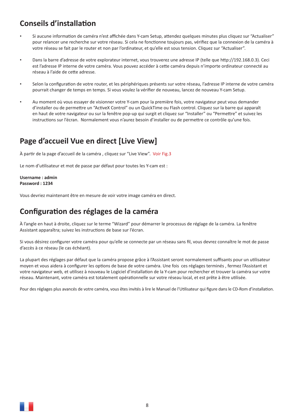 Conseils d’installati on, Page d’accueil vue en direct [live view, Conﬁ gurati on des réglages de la caméra | Y-cam Bullet HD 1080 (1st Gen) User Manual | Page 8 / 24