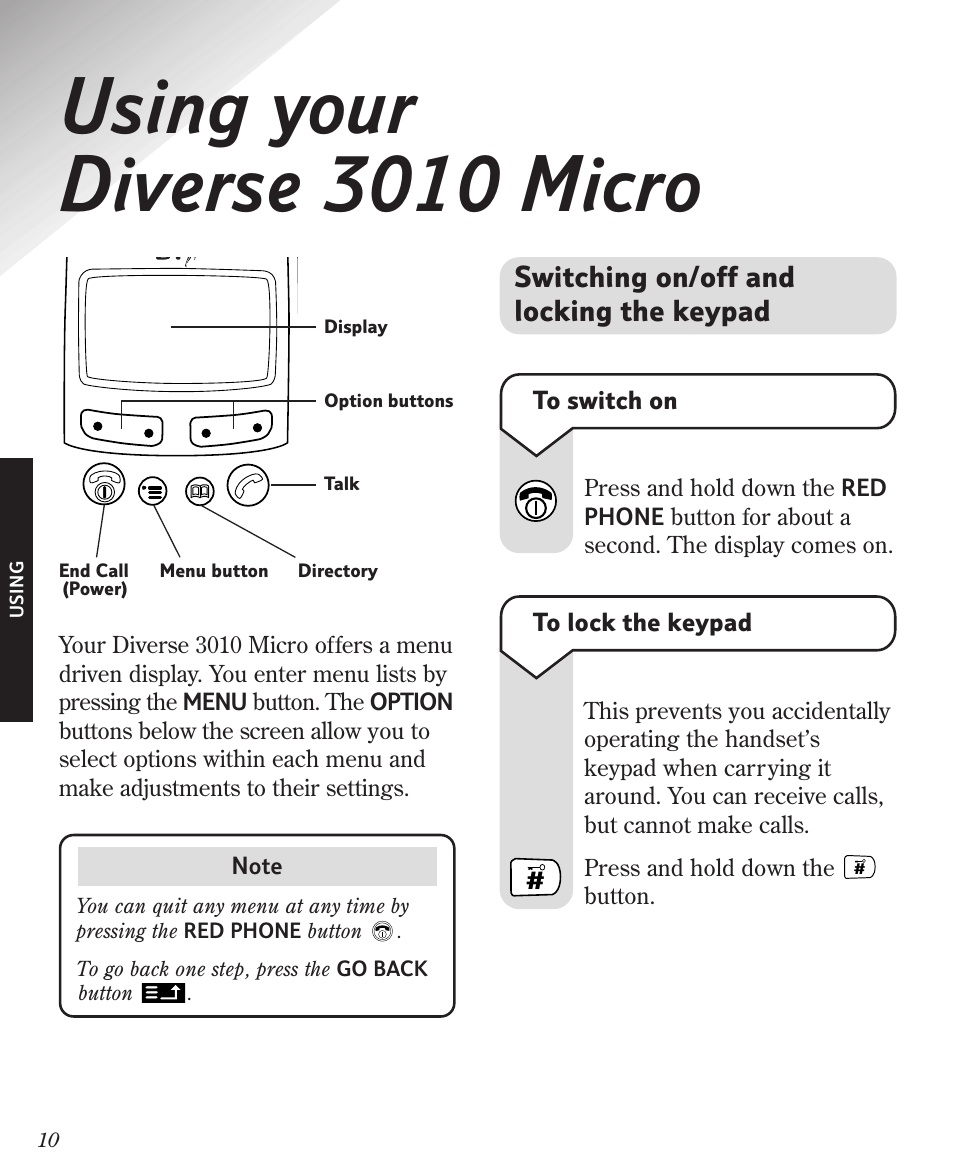 Using your diverse 3010 micro, Switching on/off and locking the keypad | BT Diverse 3010 User Manual | Page 14 / 67