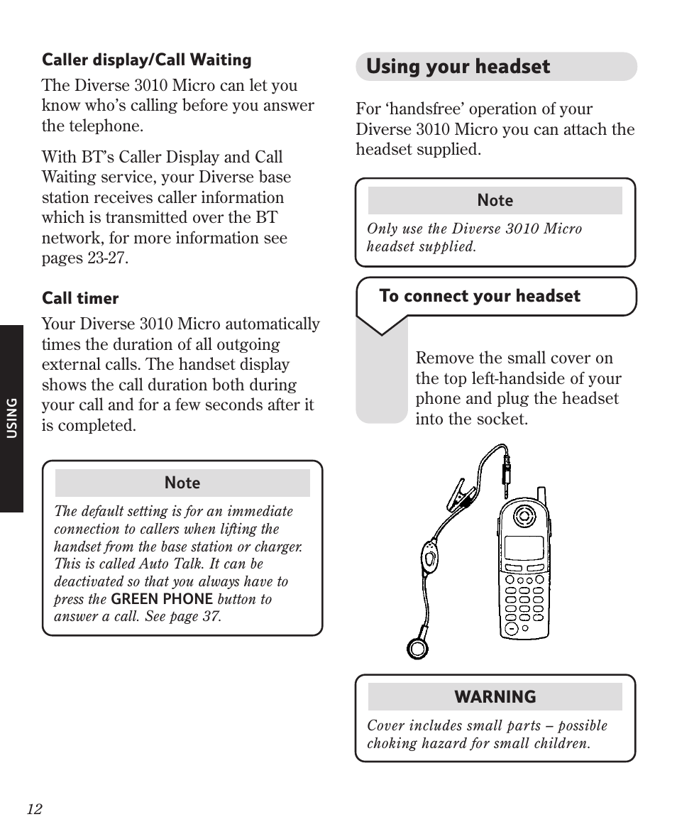 Using your headset | BT Diverse 3010 User Manual | Page 16 / 67