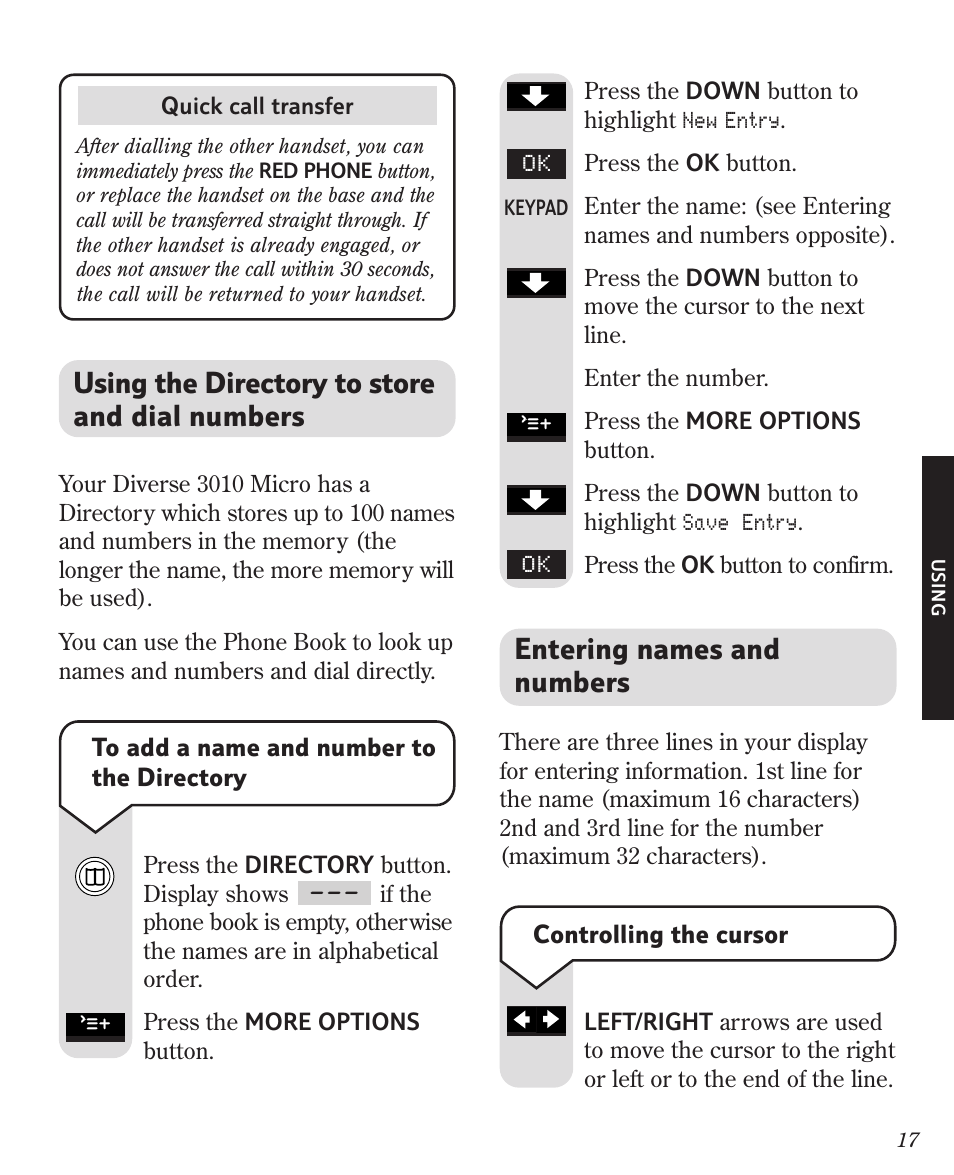 Using the directory to store and dial numbers, Entering names and numbers | BT Diverse 3010 User Manual | Page 21 / 67